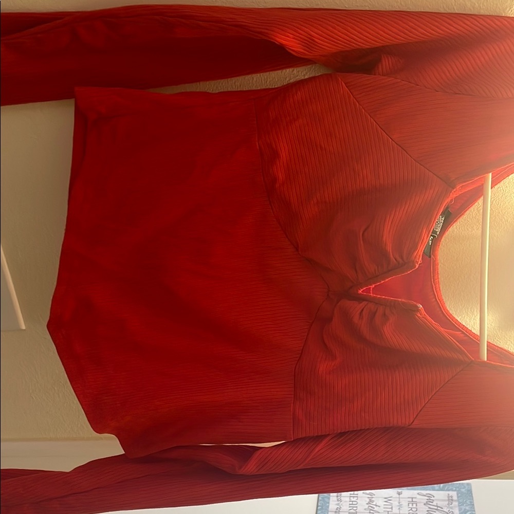 Red Long Sleeve Fitted Bodysuit Crop Top